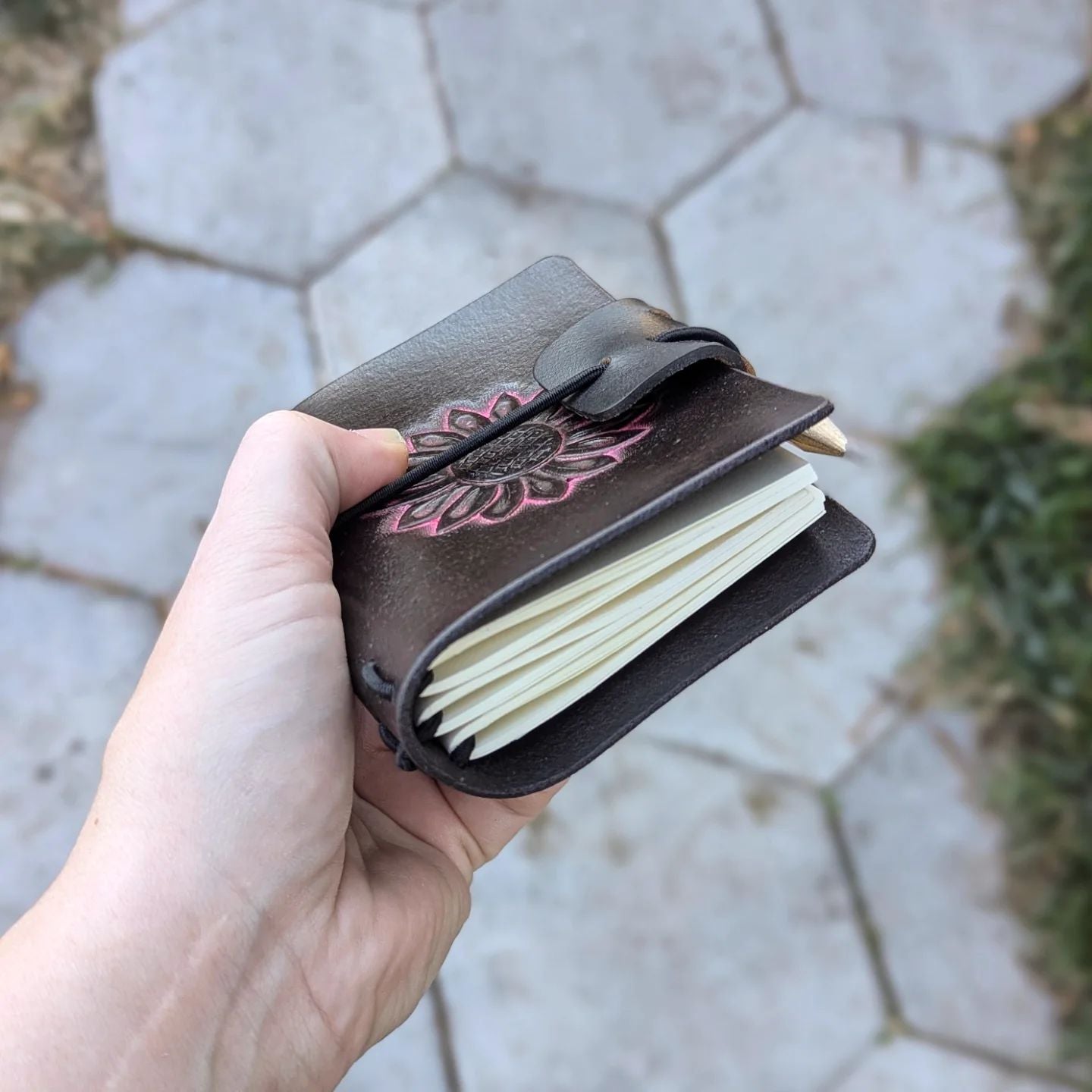 A7 Traveller's Refillable Notebook | Tooled Neon Pink Sunflower