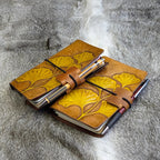 POCKET Traveller's Refillable Notebook | Set of Two Tooled Ginkgo Leaves for N.C.
