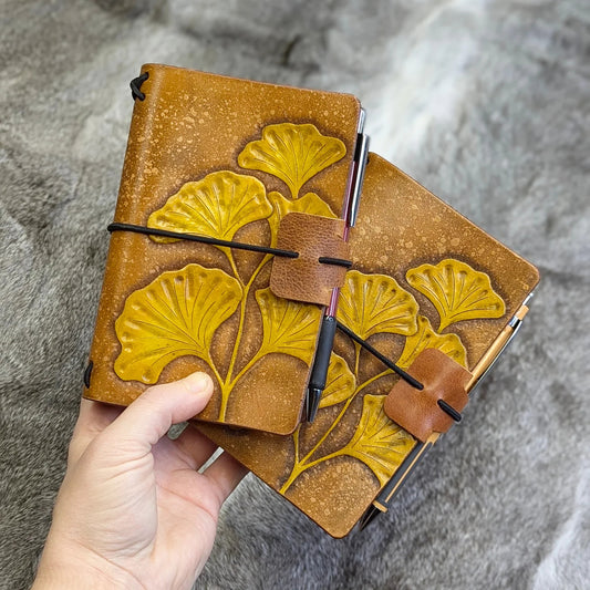 Pocket Traveller's Refillable Notebook | Set of Two Tooled Ginkgo Leaves for N.C.