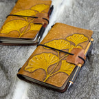 POCKET Traveller's Refillable Notebook | Set of Two Tooled Ginkgo Leaves for N.C.