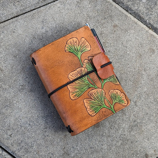 Passport Traveller's Refillable Notebook | Pyrography Gingko Leaves #1