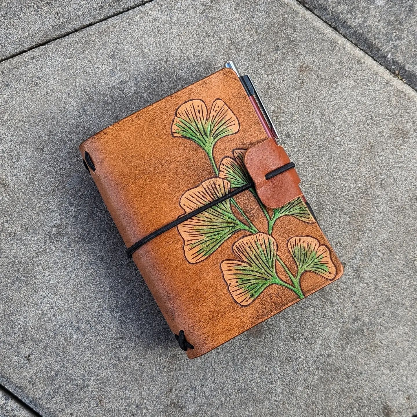 Passport Traveller's Refillable Notebook | Pyrography Ginkgo Leaves #1