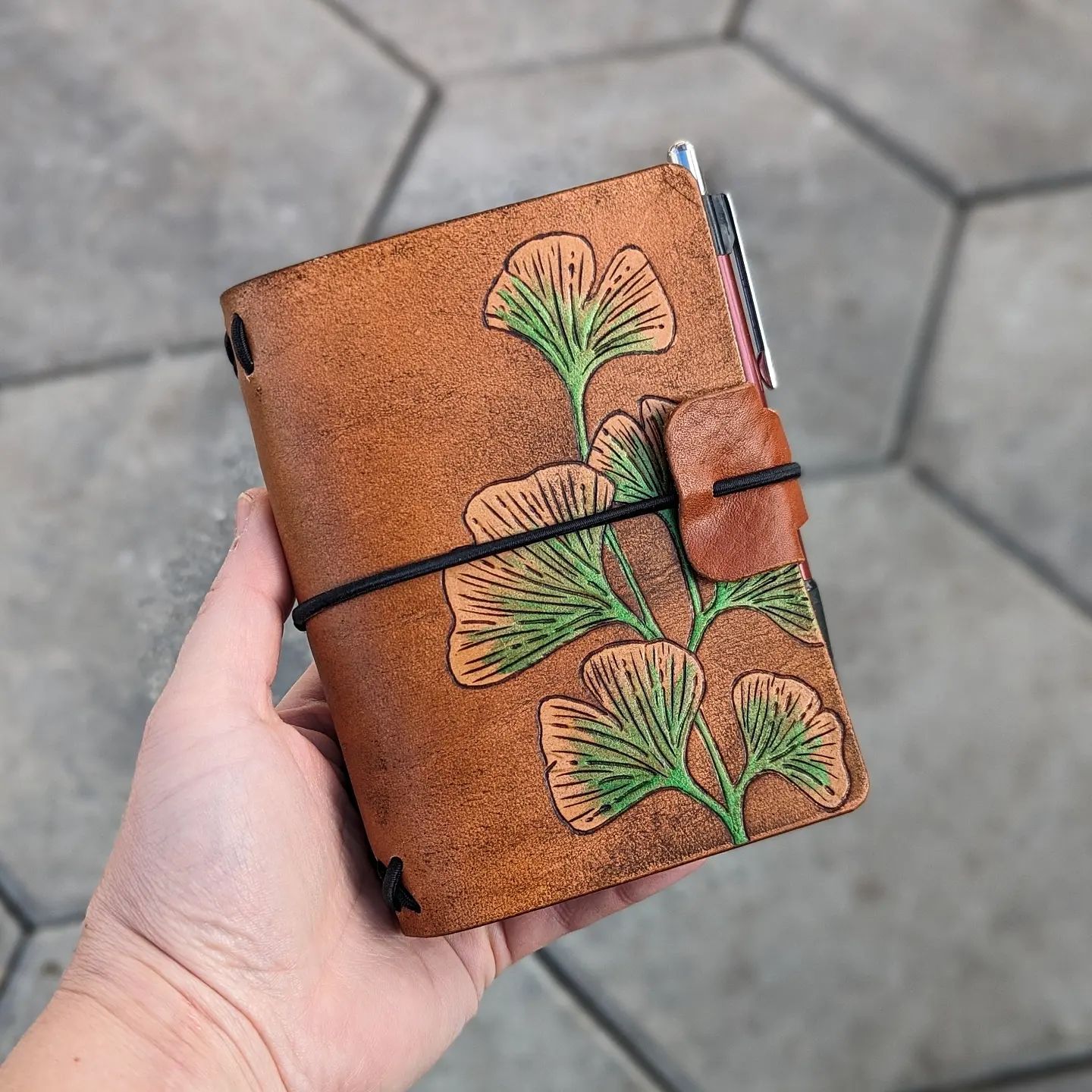 Passport Traveller's Refillable Notebook | Pyrography Ginkgo Leaves #1