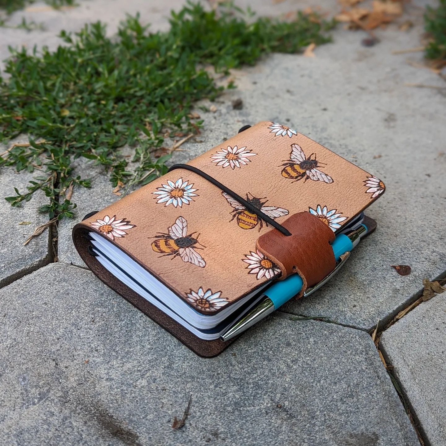 Passport Traveller's Refillable Notebook | Pyrography Bees + Flowers #1