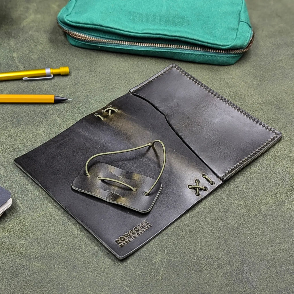 A dark green leather traveler's notebook cover with a live edge front pocket, shown open and face down (exterior facing up) on a textured green surface with a teal zip pouch, yellow pencils, and a pen nearby.