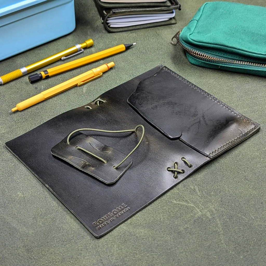 A dark green leather traveler's notebook cover, laying open, with pen-like tools, a stack of papers, and a teal zip pouch nearby. The brand name 'ROWSOME' is embossed on the back cover.