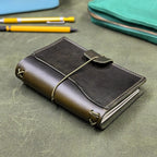 A dark green leather traveler's notebook cover with a live edge front pocket, and an elastic closure strap with a pen loop, placed on a textured green surface with yellow pens and a teal pouch in the background.