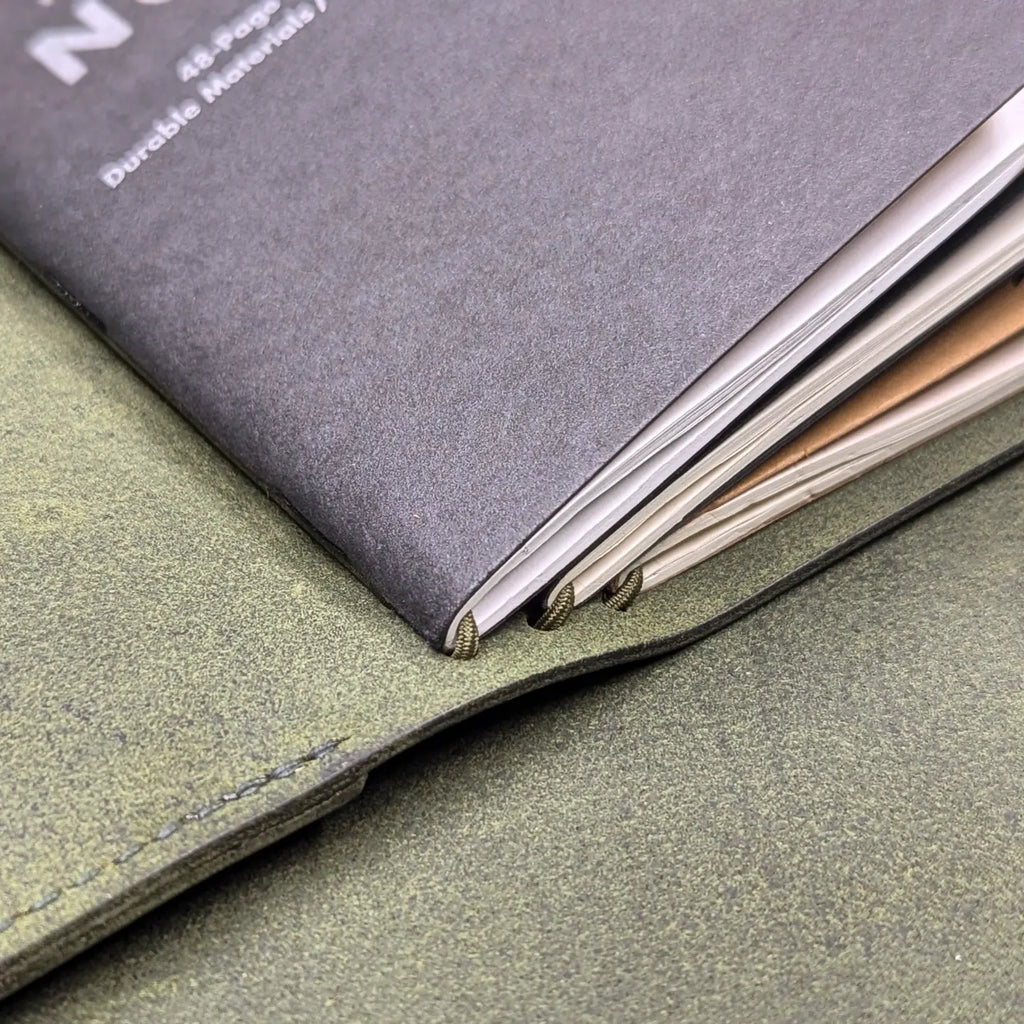 Close up of traveller's notebook cover open to show three sets of interior elastics with three notebooks.