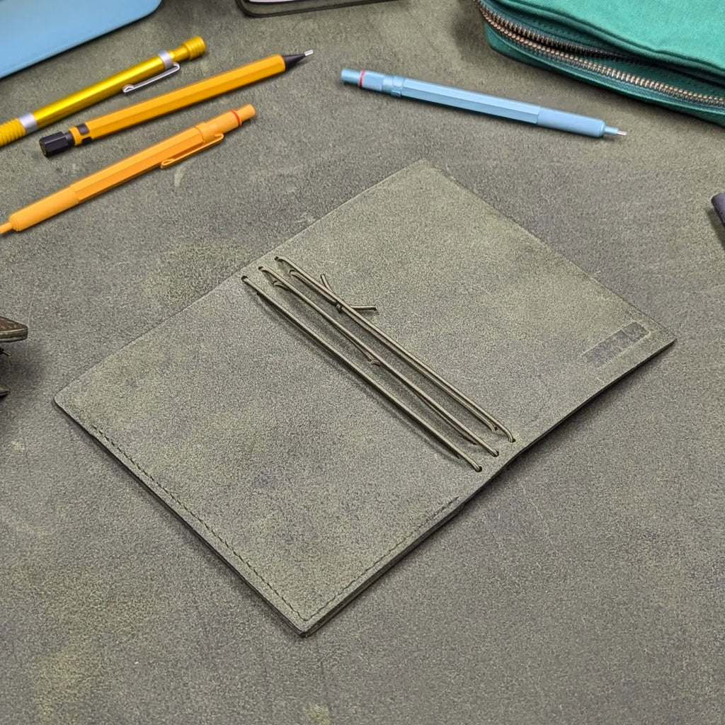 Traveller's notebook cover open to show three sets of interior elastics 