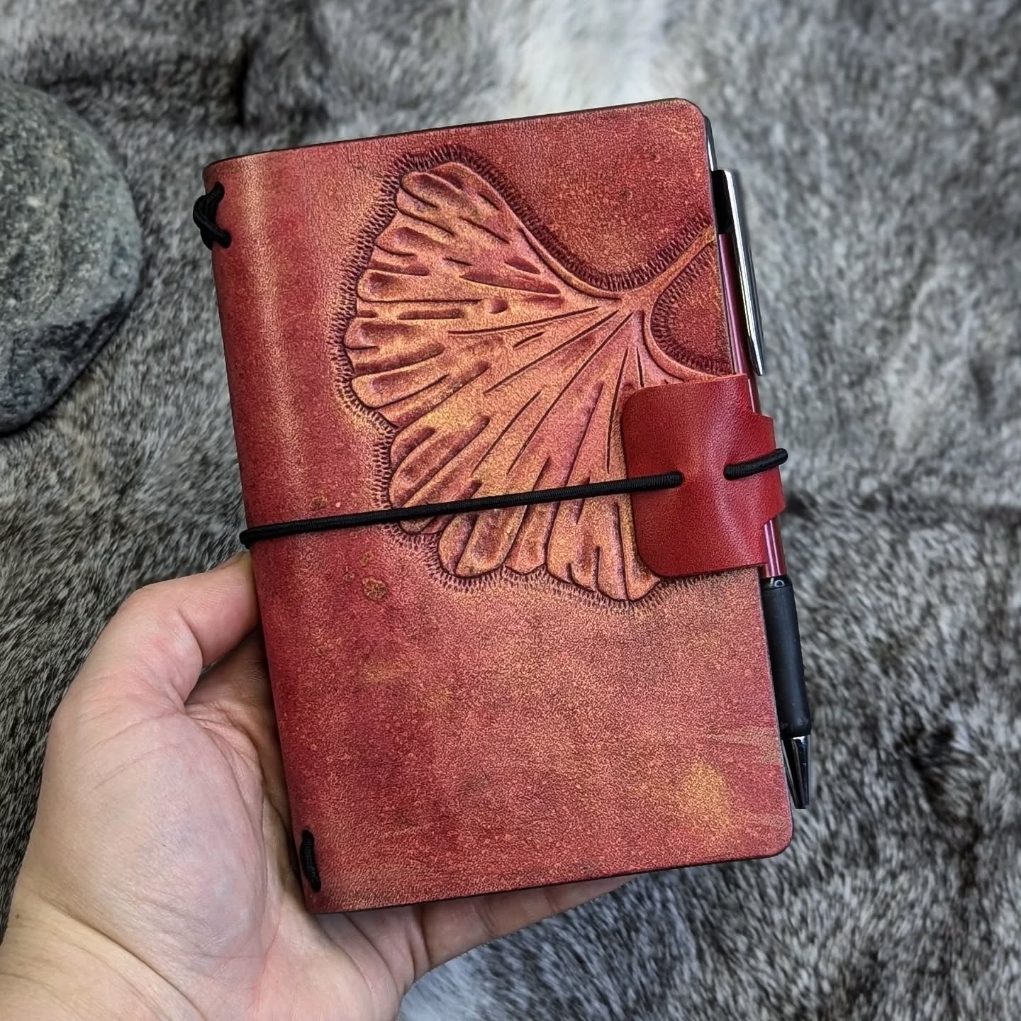 Pocket Traveller's Refillable Notebook | Tooled Ginkgo Leaf #1