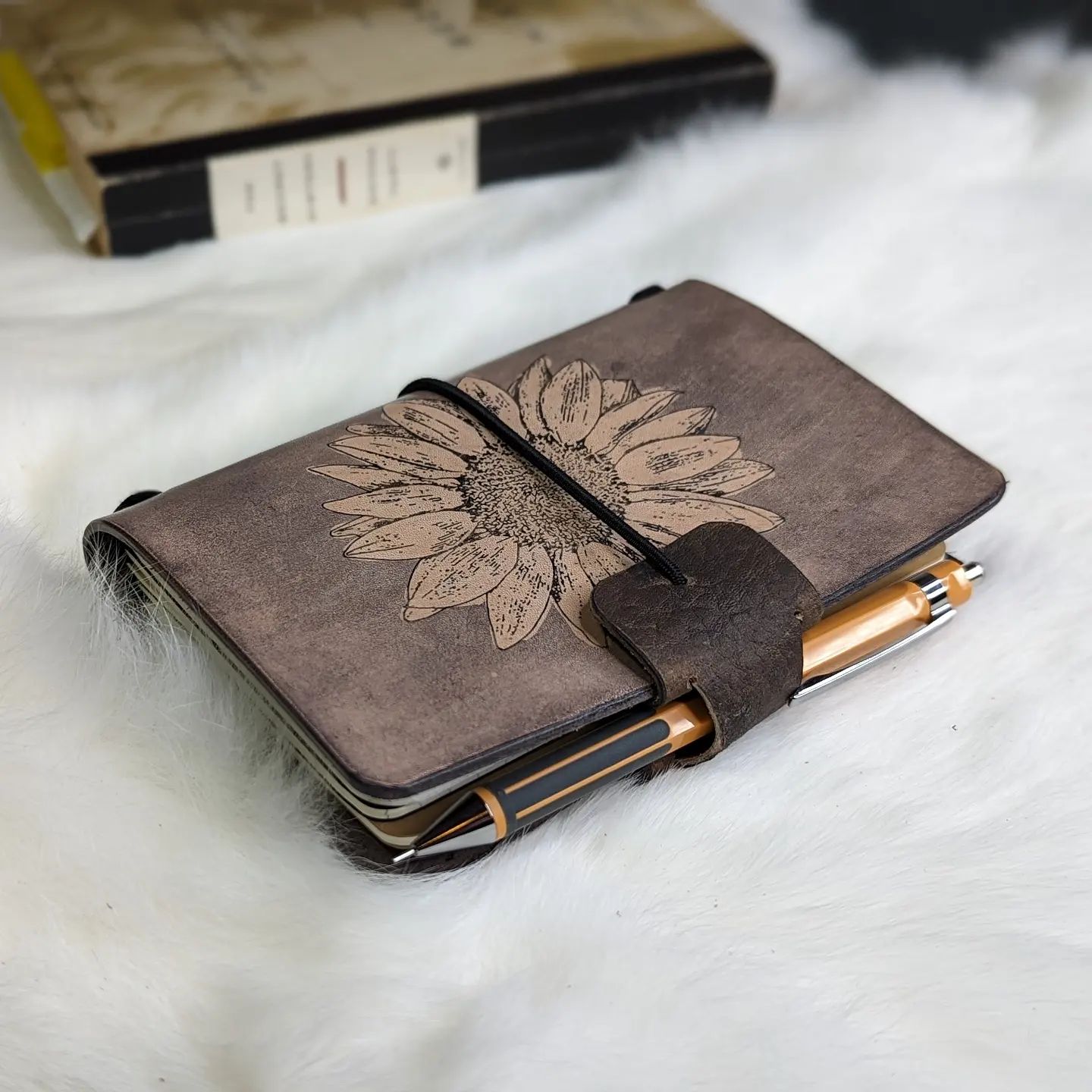 Pocket Traveller's Refillable Notebook | Ink-Stamped Sunflower #1