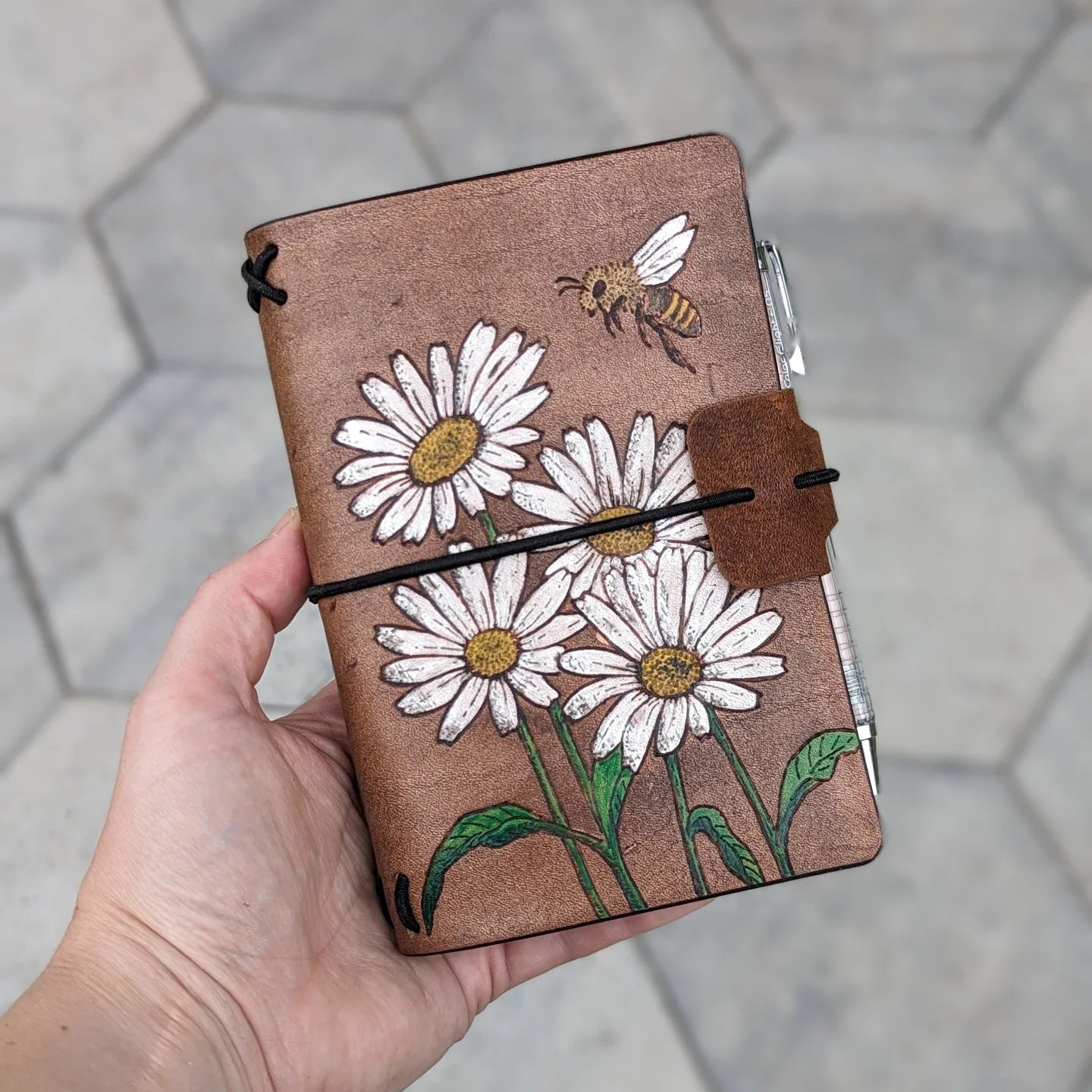 Pocket Traveller's Refillable Notebook | Pyrography Daisies