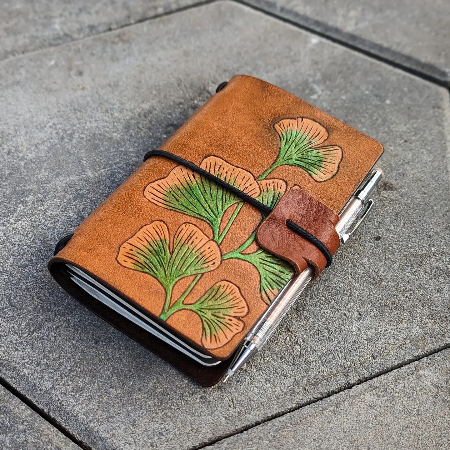 Pocket Traveller's Refillable Notebook | Pyrography Gingko Leaves #1