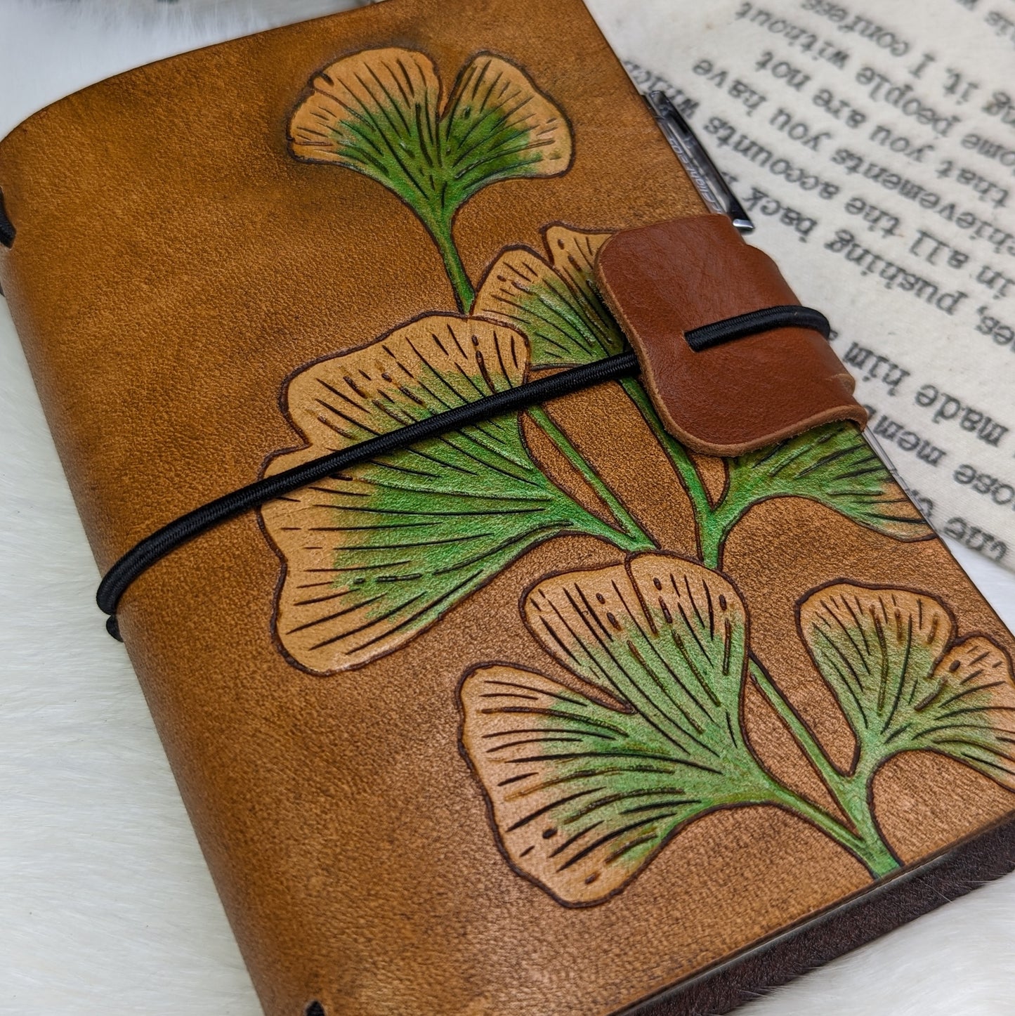 Pocket Traveller's Refillable Notebook | Pyrography Gingko Leaves #1