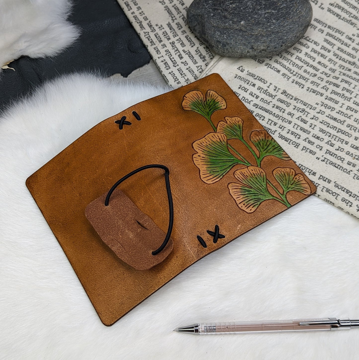 Pocket Traveller's Refillable Notebook | Pyrography Gingko Leaves #1