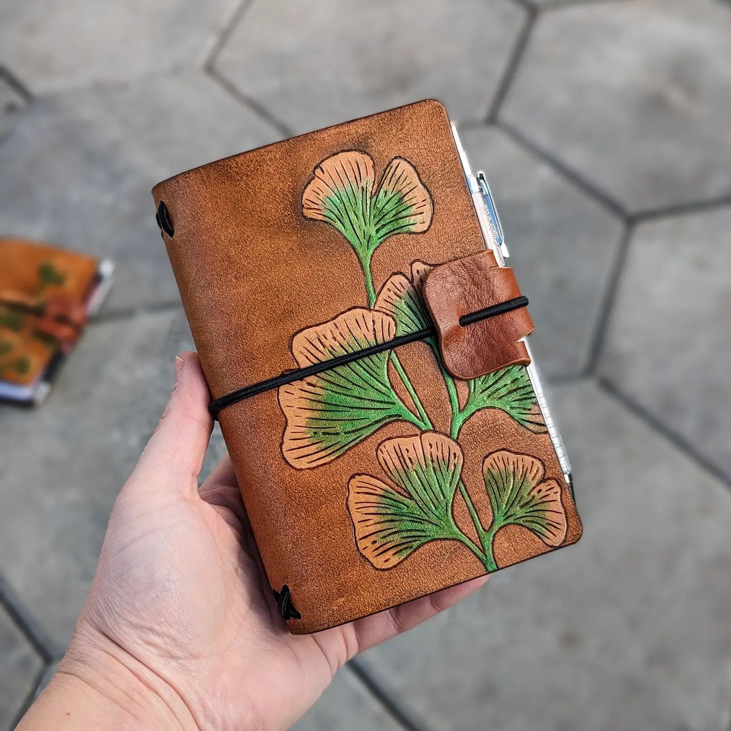 Pocket Traveller's Refillable Notebook | Pyrography Ginkgo Leaves #1