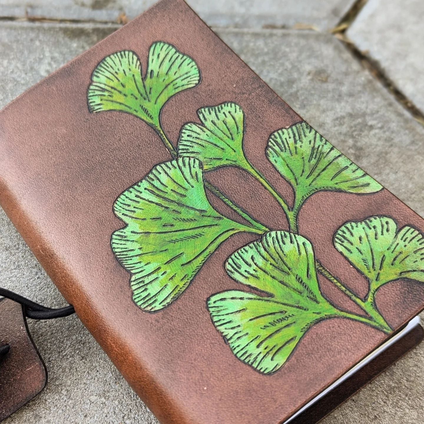 Pocket Traveller's Refillable Notebook | Pyrography Ginkgo Leaves #2