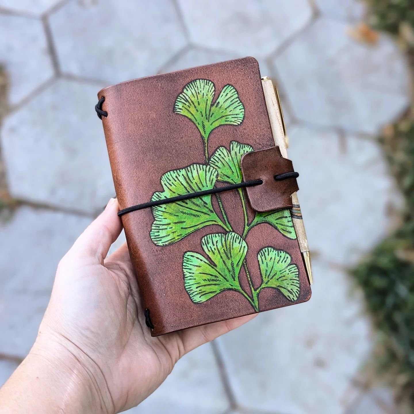 Pocket Traveller's Refillable Notebook | Pyrography Ginkgo Leaves #2