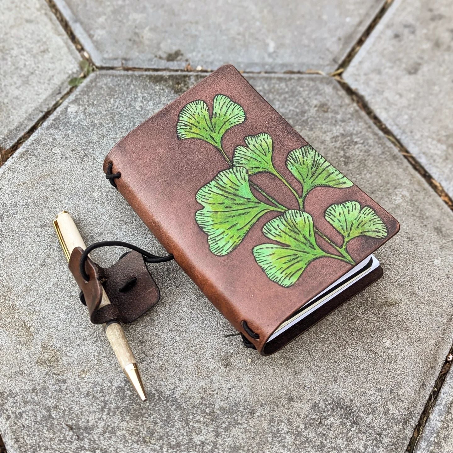 POCKET Traveller's Refillable Notebook | Pyrography Ginkgo Leaves #2