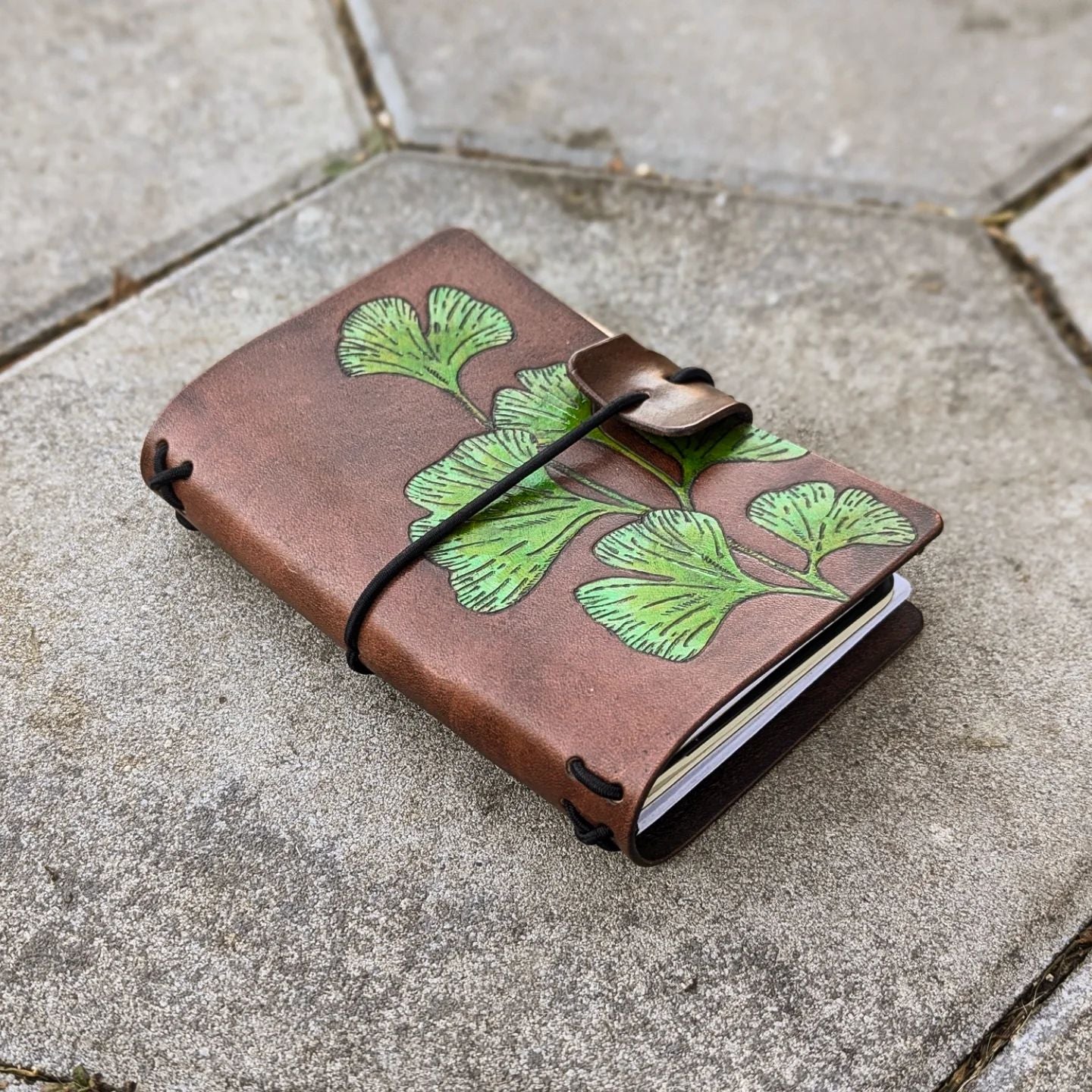 POCKET Traveller's Refillable Notebook | Pyrography Ginkgo Leaves #2