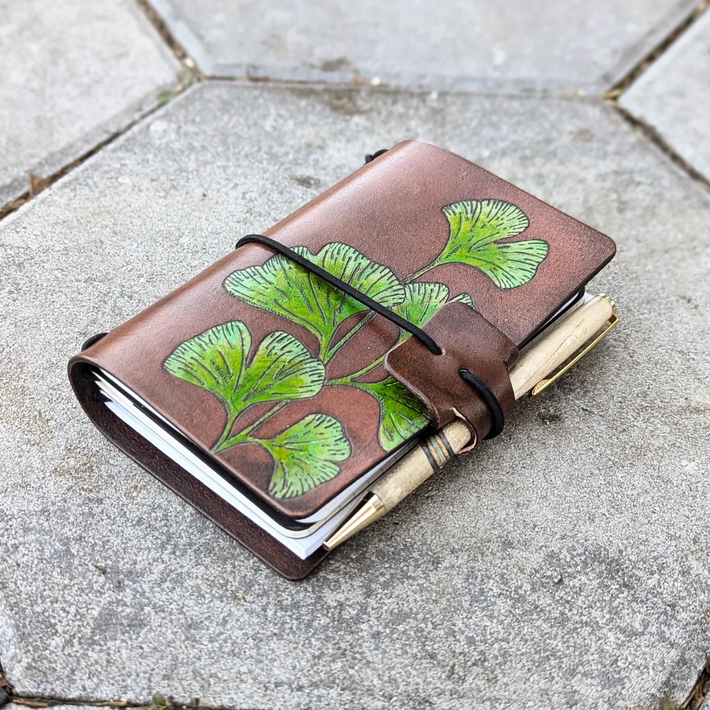 POCKET Traveller's Refillable Notebook | Pyrography Ginkgo Leaves #2