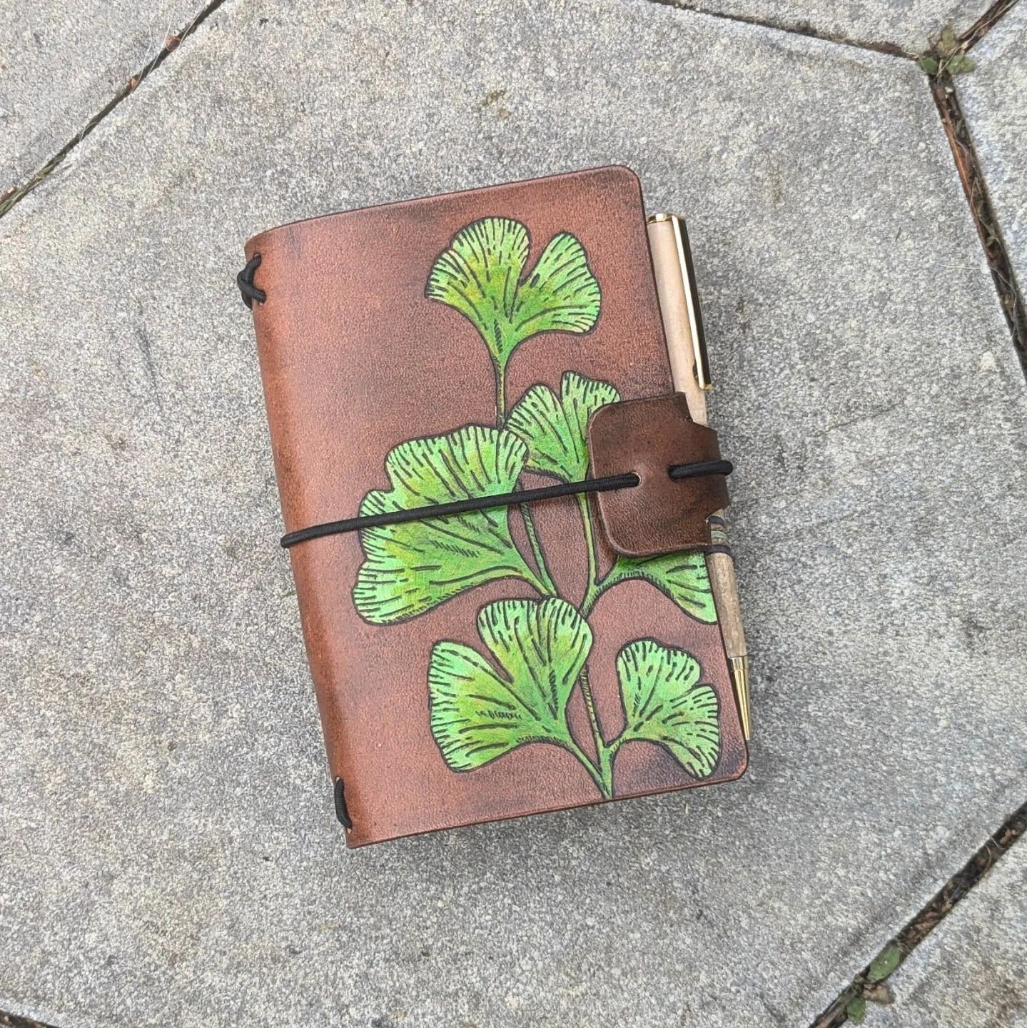 Pocket Traveller's Refillable Notebook | Pyrography Ginkgo Leaves #2