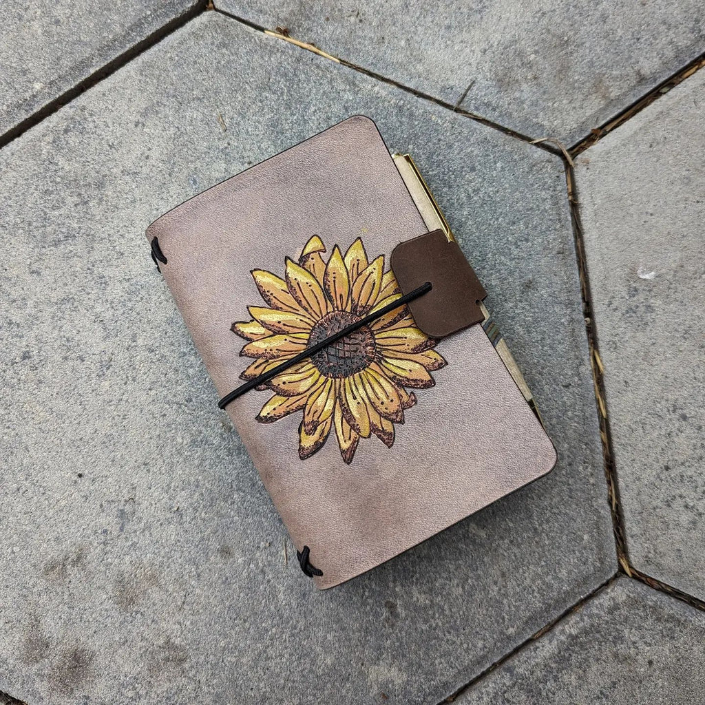 POCKET Traveller's Refillable Notebook | Pyrography Sunflower #1