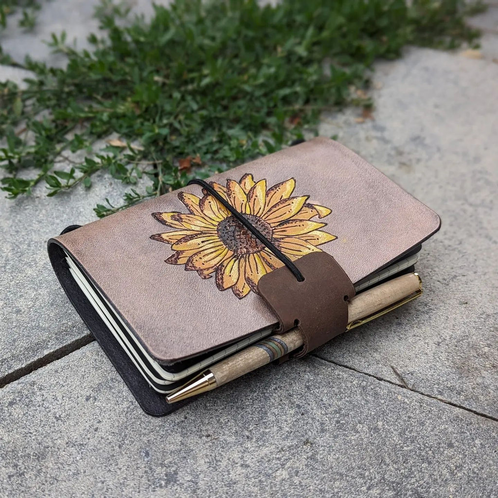 POCKET Traveller's Refillable Notebook | Pyrography Sunflower #1