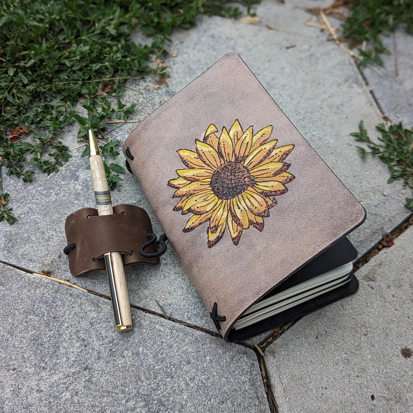POCKET Traveller's Refillable Notebook | Pyrography Sunflower #1