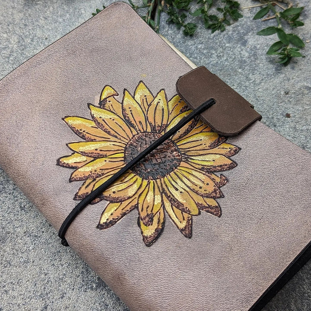 POCKET Traveller's Refillable Notebook | Pyrography Sunflower #1