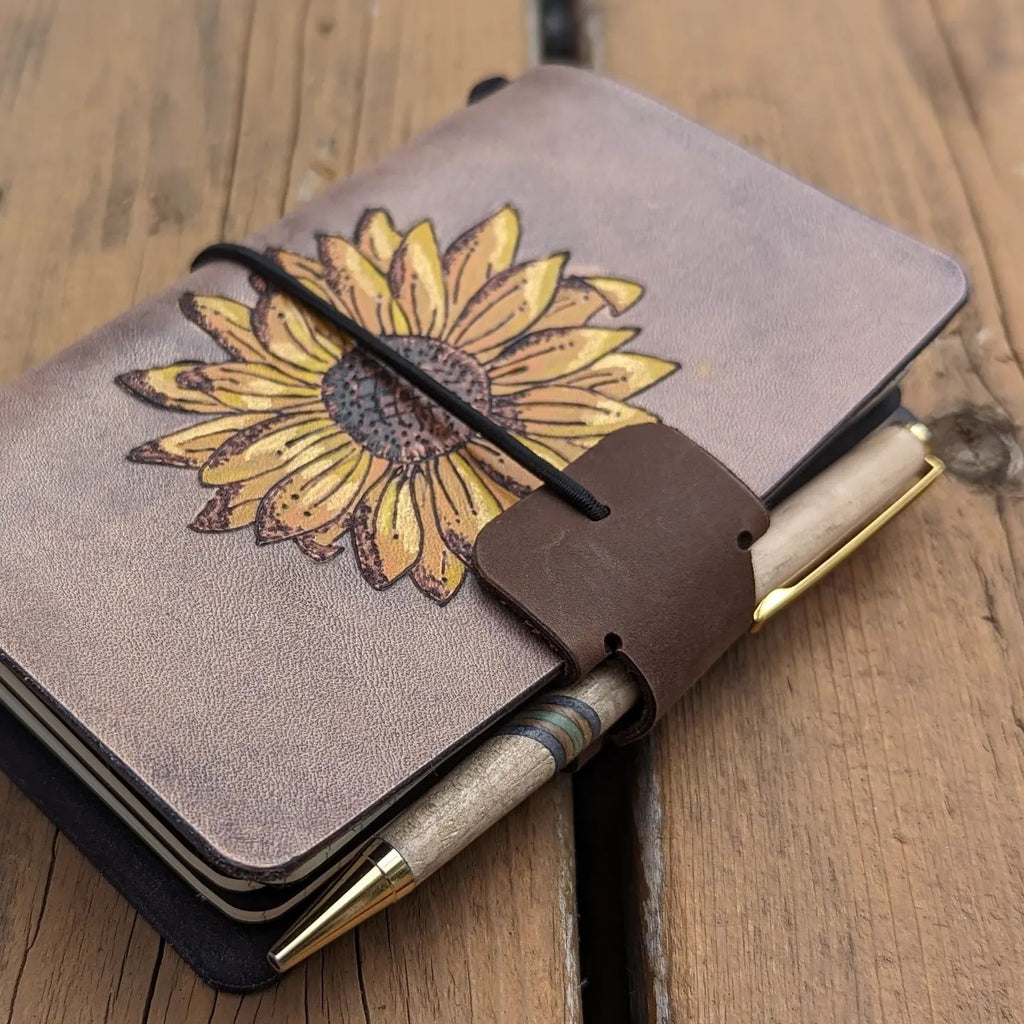 POCKET Traveller's Refillable Notebook | Pyrography Sunflower #1