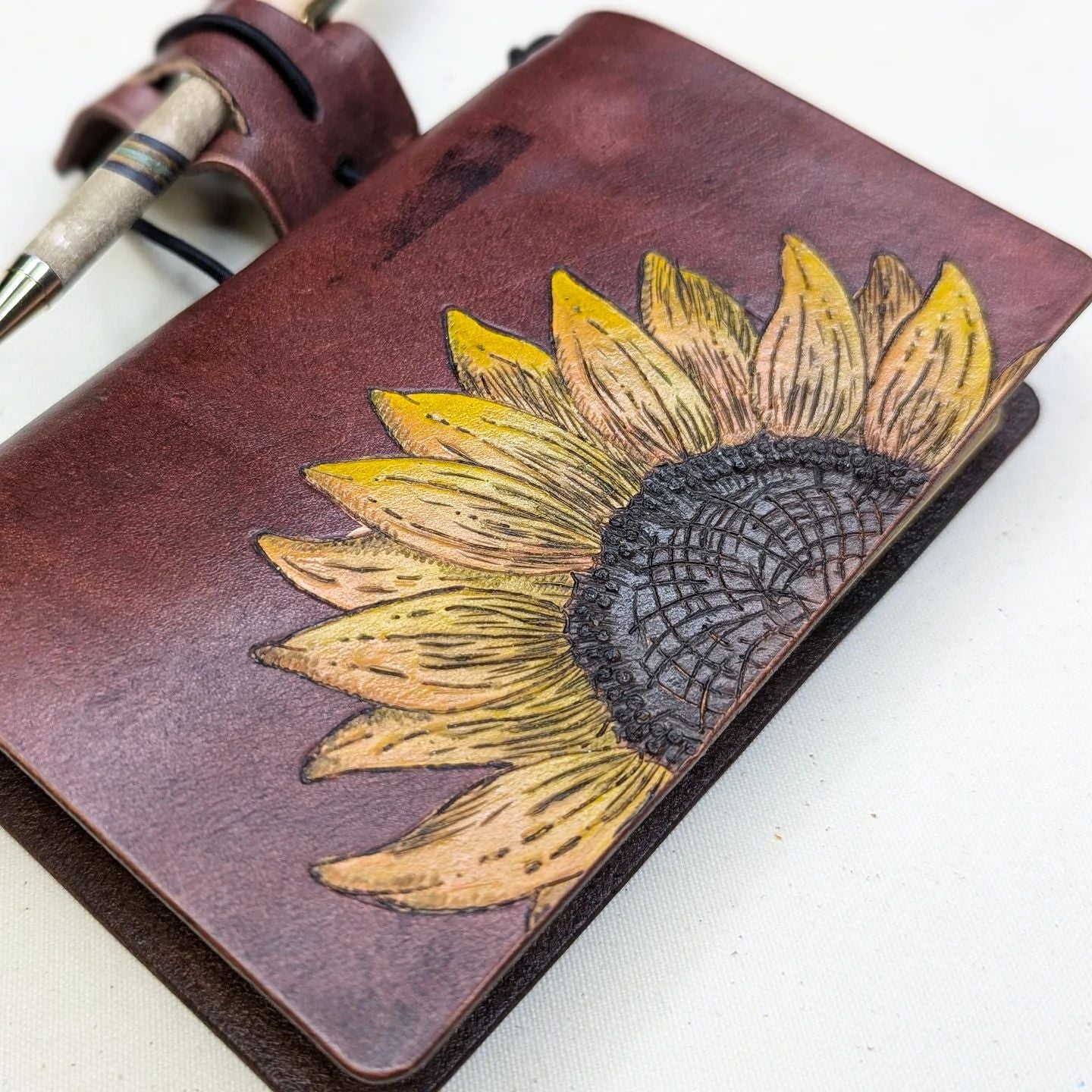 Pocket Traveller's Refillable Notebook | Pyrography Sunflower #3