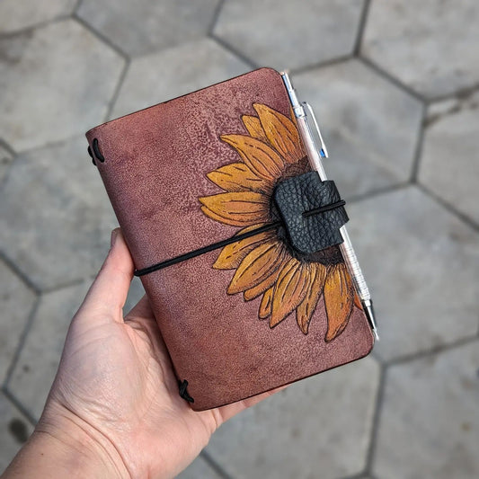 Pocket Traveller's Refillable Notebook | Pyrography Sunflower #2