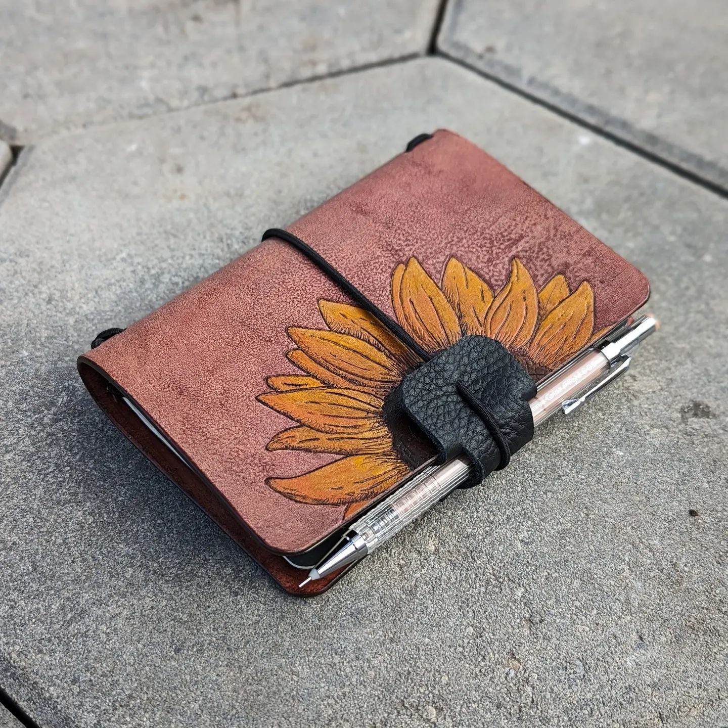 Pocket Traveller's Refillable Notebook | Pyrography Sunflower #2