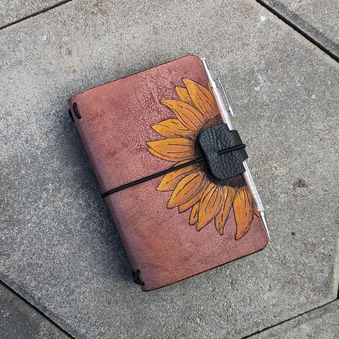 Pocket Traveller's Refillable Notebook | Pyrography Sunflower #2