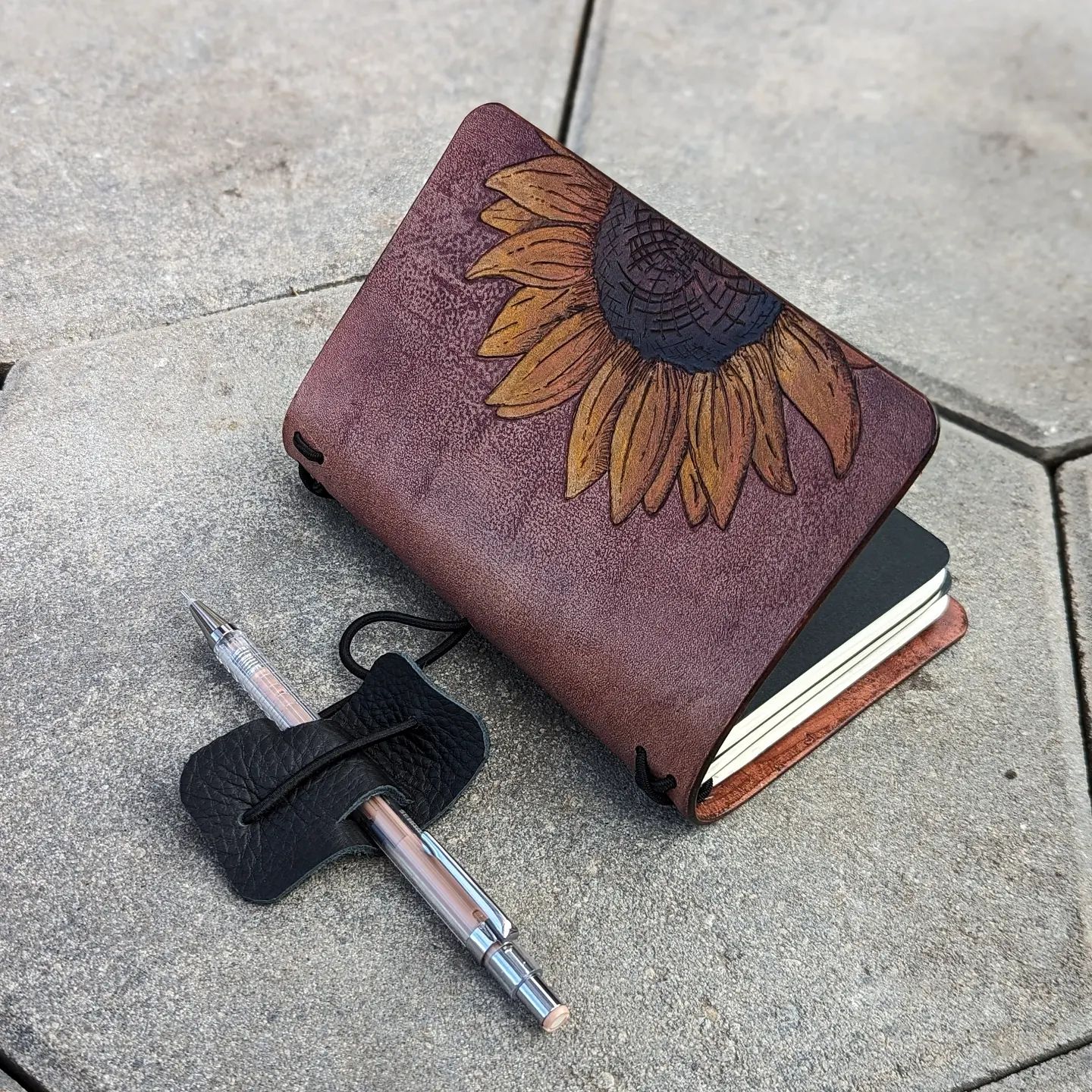 Pocket Traveller's Refillable Notebook | Pyrography Sunflower #2