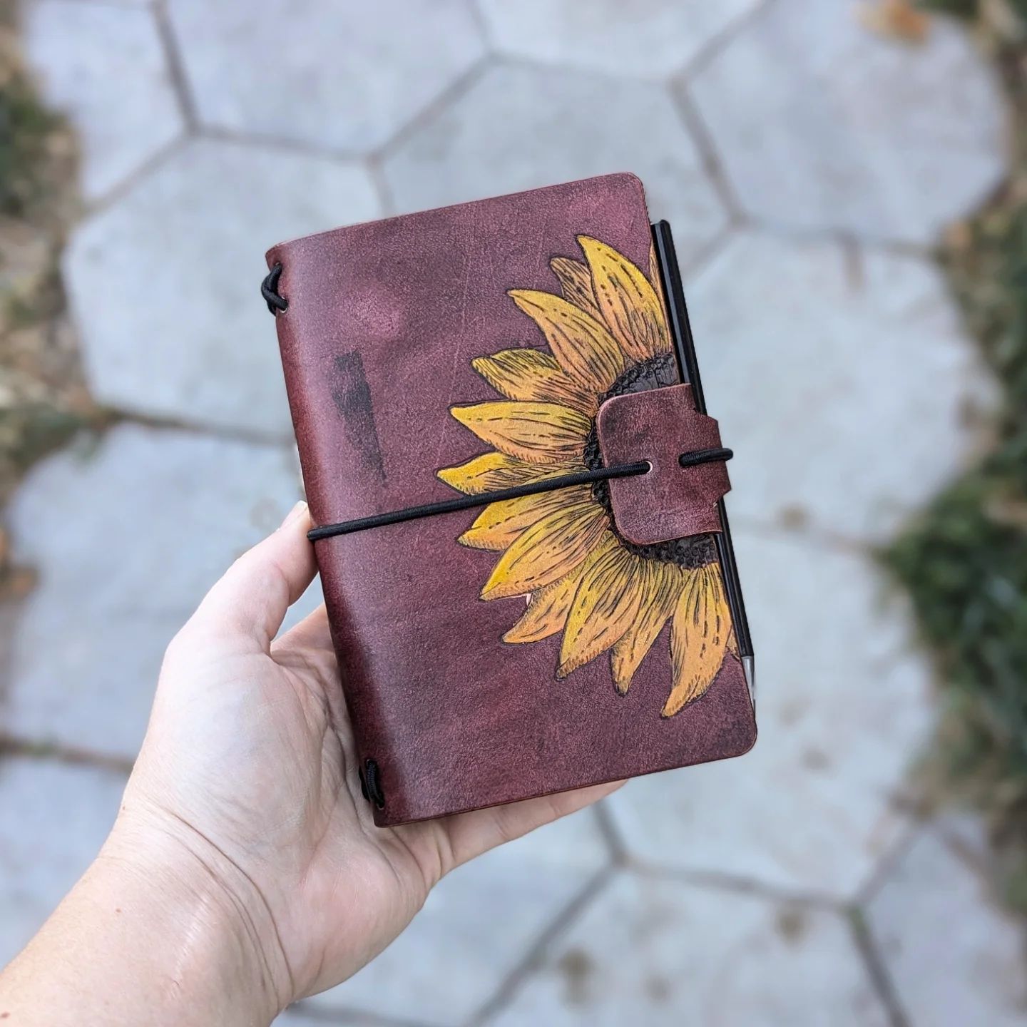 Pocket Traveller's Refillable Notebook | Pyrography Sunflower #3