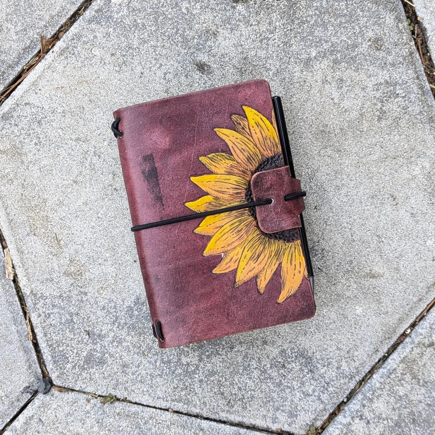 Pocket Traveller's Refillable Notebook | Pyrography Sunflower #3