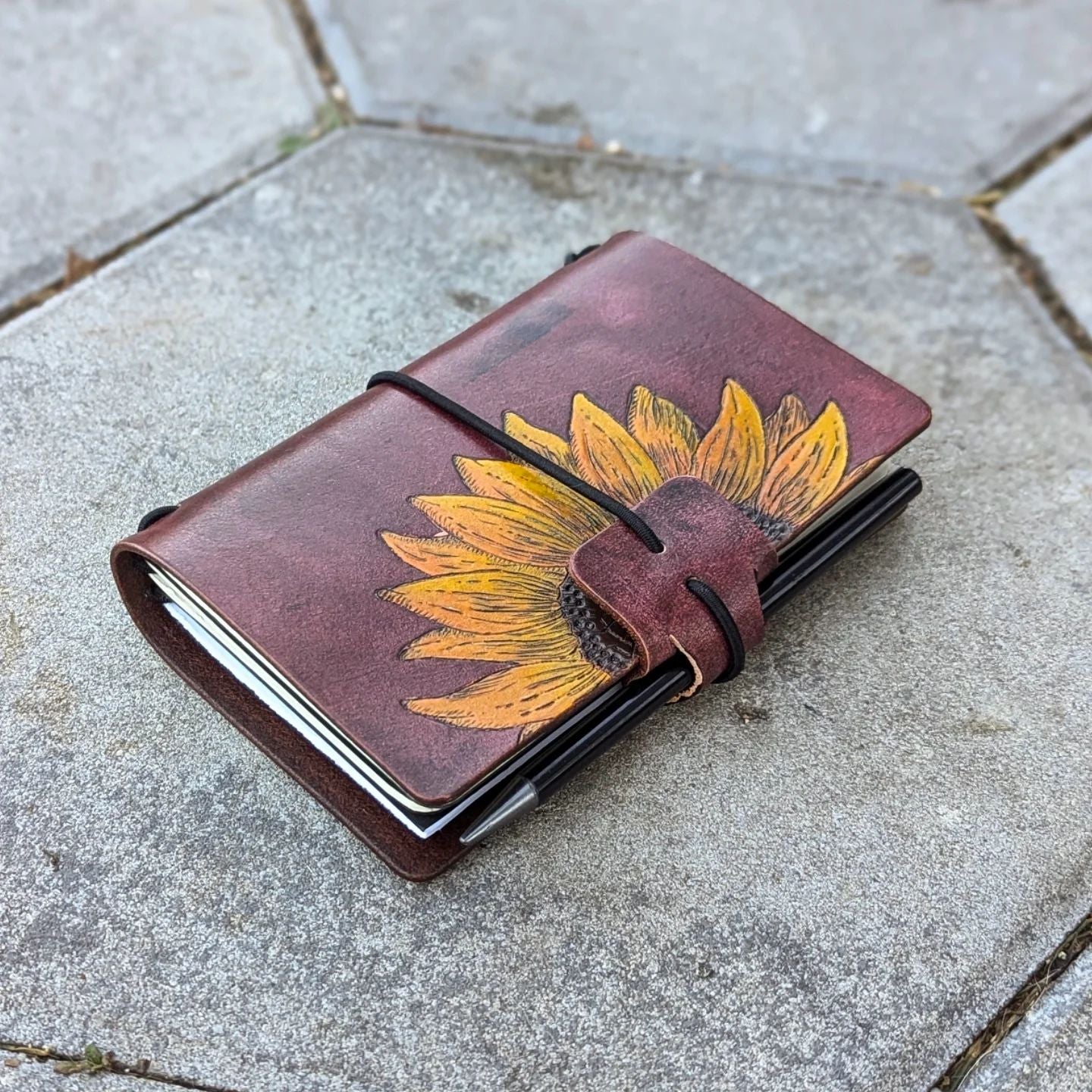 Pocket Traveller's Refillable Notebook | Pyrography Sunflower #3