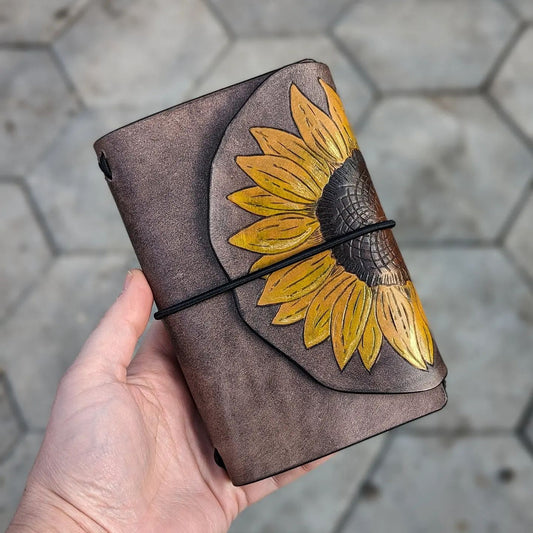 Pocket Traveller's Refillable Notebook | Pyrography Sunflower Wrap