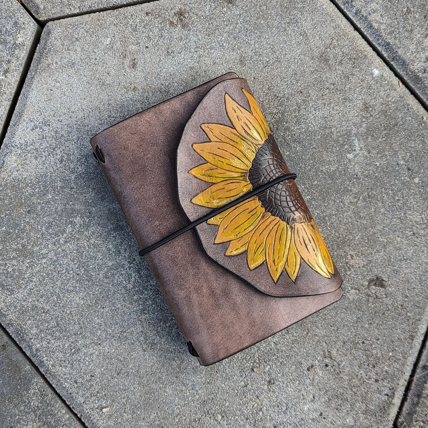 Pocket Traveller's Refillable Notebook | Pyrography Sunflower Wrap