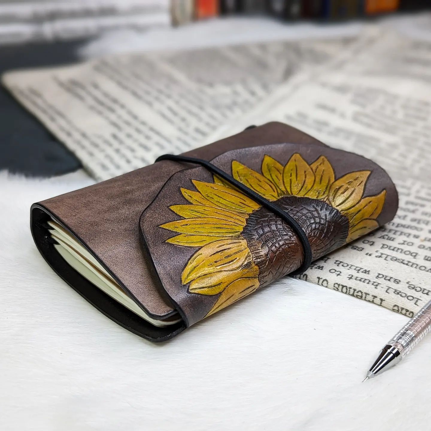 Pocket Traveller's Refillable Notebook | Pyrography Sunflower Wrap