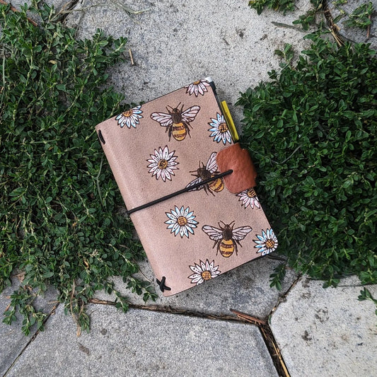 Pocket Traveller's Refillable Notebook | Pyrography Bees + Flowers #1