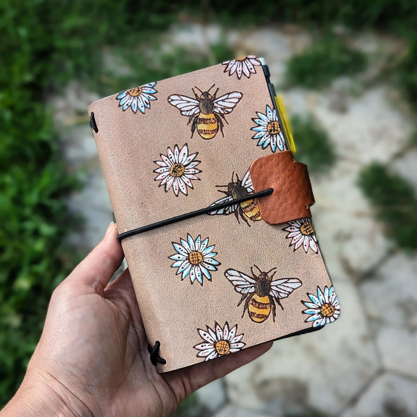 Pocket Traveller's Refillable Notebook | Pyrography Bees + Flowers #1