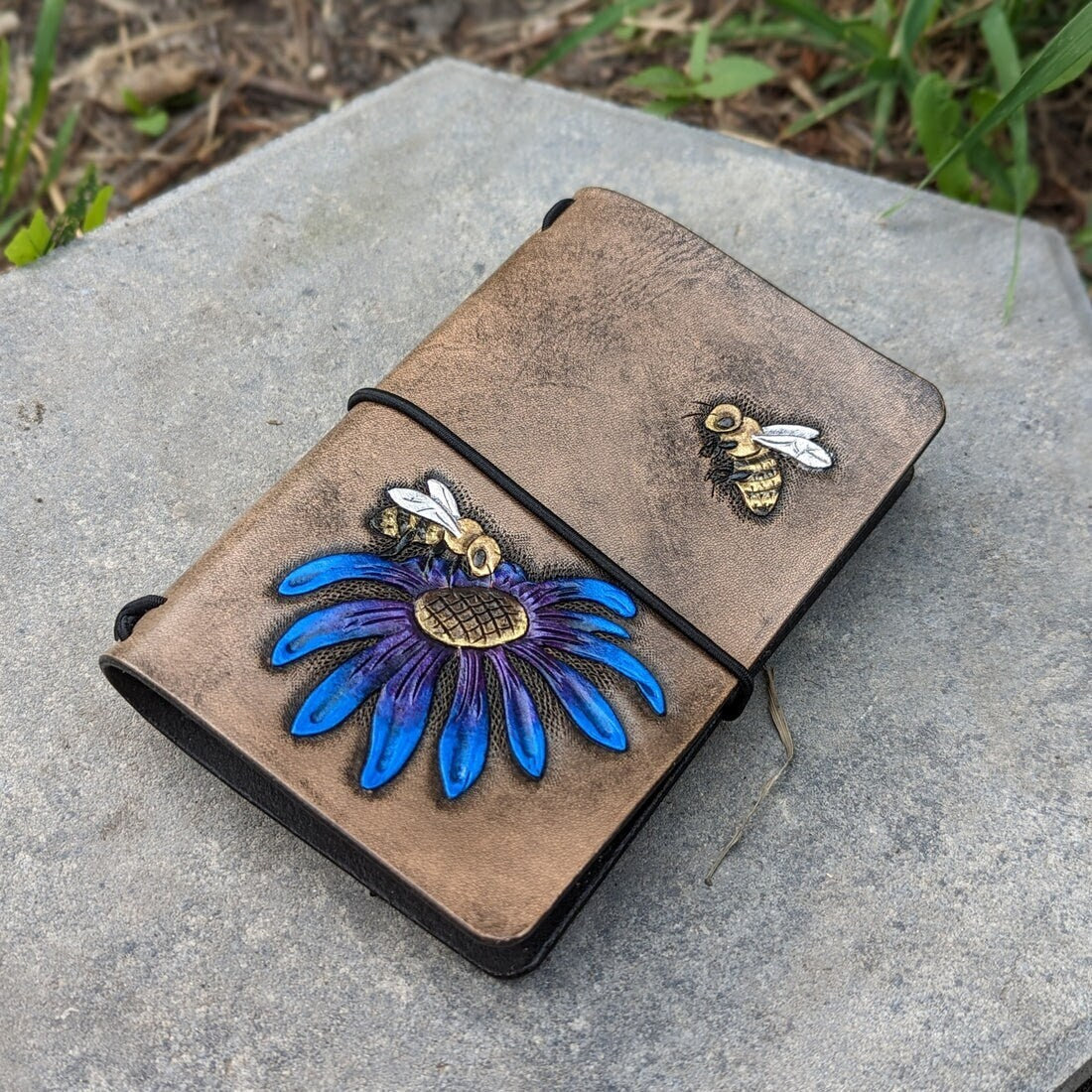 Pocket Traveller's Refillable Notebook | Tooled Flower + Bees #1