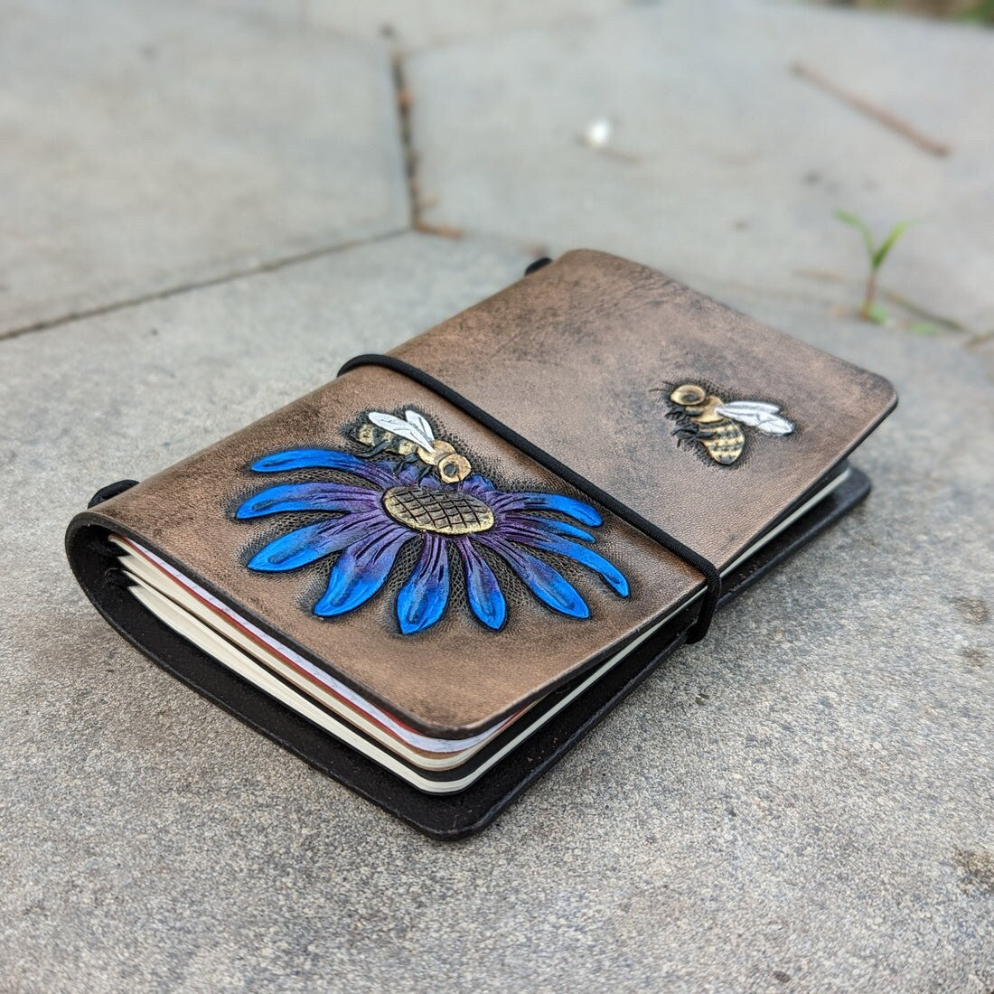 Pocket Traveller's Refillable Notebook | Tooled Flower + Bees #1