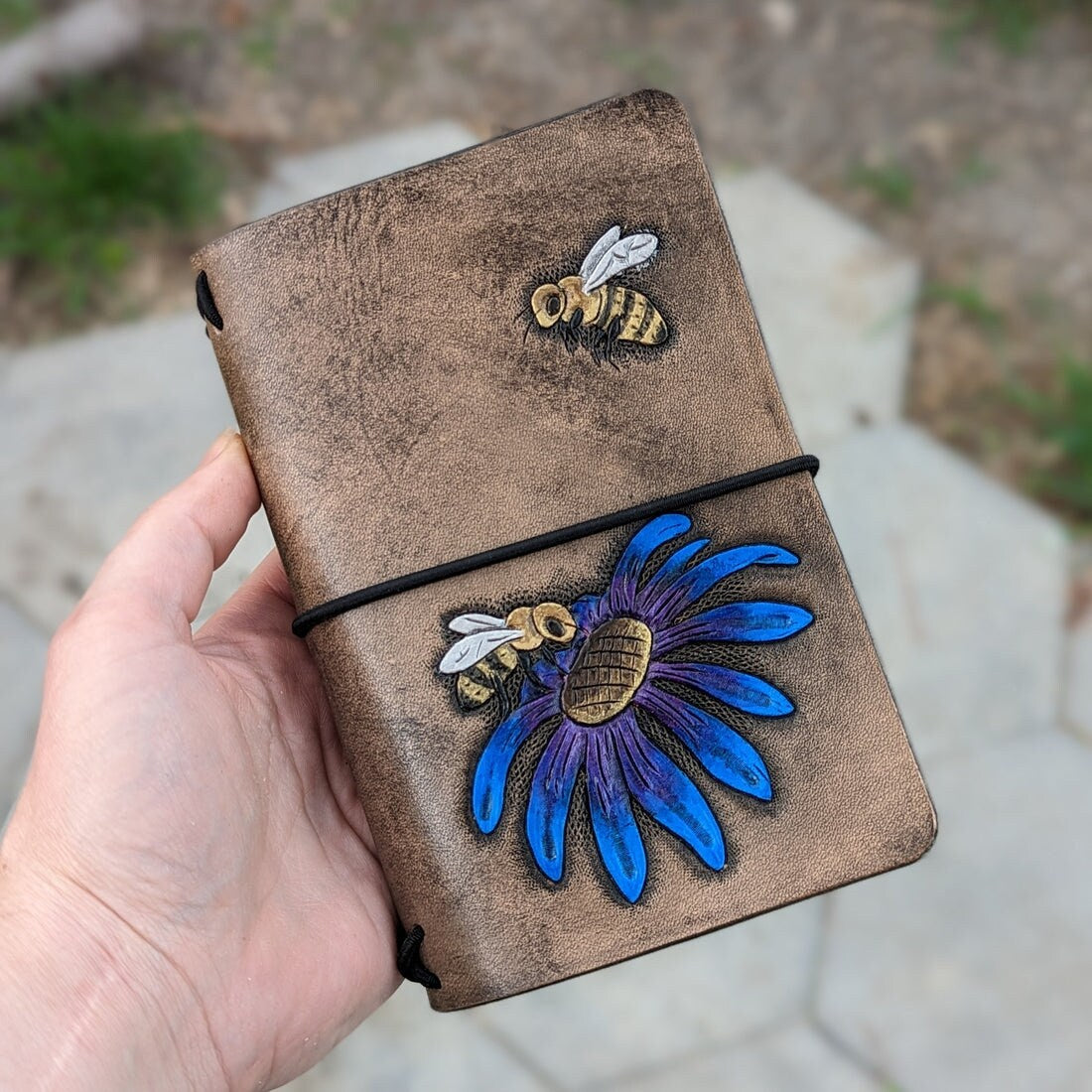 Pocket Traveller's Refillable Notebook | Tooled Flower + Bees #1