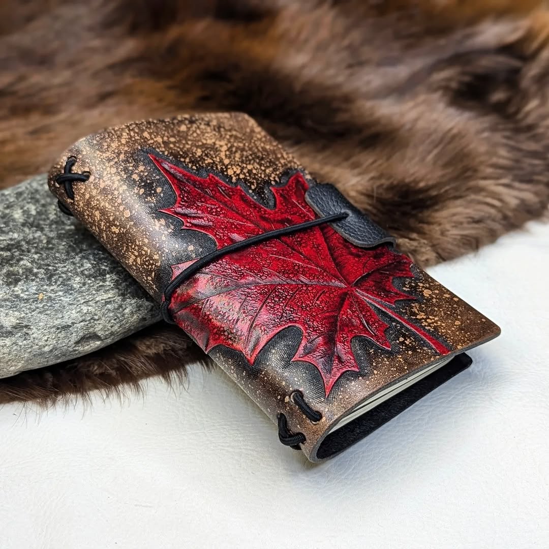 POCKET traveller's Refillable Notebook | Large Tooled Maple Leaf #1