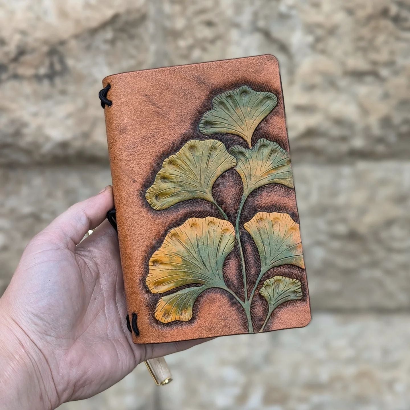 Pocket Traveller's Refillable Notebook | Tooled Ginkgo Leaves