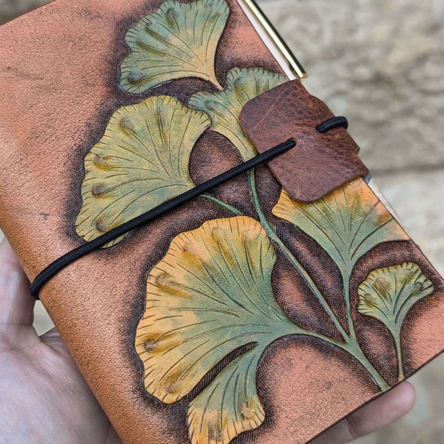 Pocket Traveller's Refillable Notebook | Tooled Ginkgo Leaves